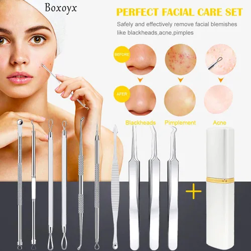 Miniatura 6 de Kit de herramientas para eliminar espinillas - Boxoyx 10 piezas de removedor de puntos negros, extractor de comedones con estuche de metal