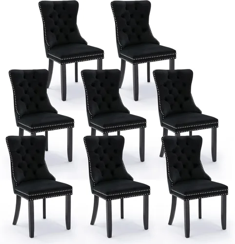 Miniatura 64 de Juego de 4 sillas de comedor de terciopelo, sillas de comedor tapizadas con ribete de cabeza de clavo y patas de madera maciza para cocina
