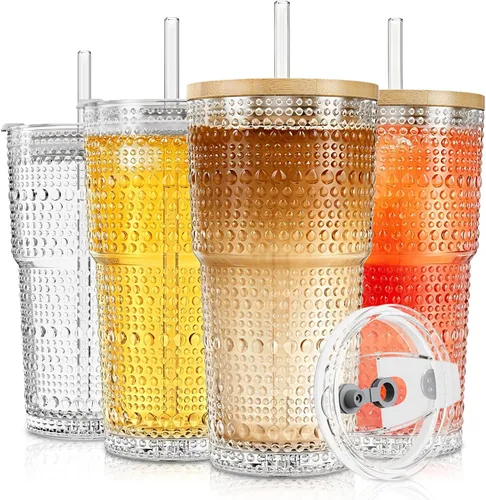 Miniatura 18 de SoulTimes Vaso de vidrio de flor de begonia de 20 onzas con tapas y popotes, 2 tazas de vidrio para café helado para batidos, matcha, jugo, agua