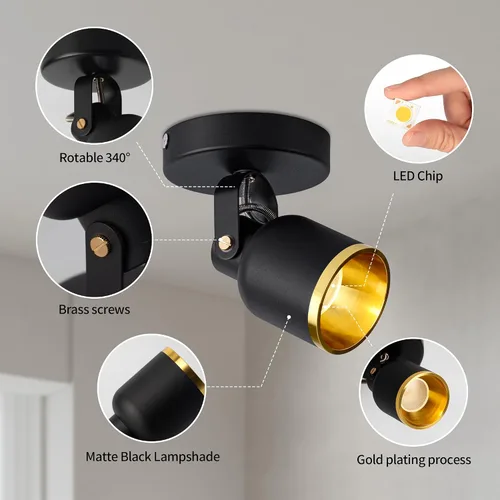 Miniatura 8 de Aisilan - Foco de techo LED regulable negro y dorado para interiores, ajustable, 180 grados, monopointo, luz blanca cálida, 3000 K, 7 W