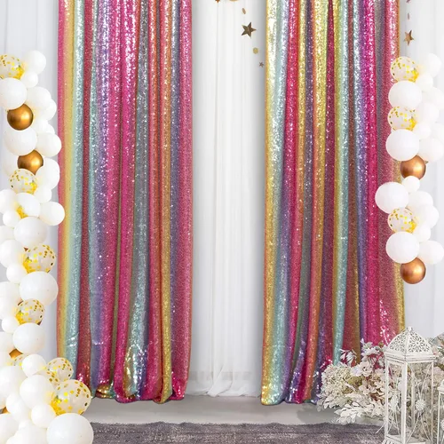 DUOBAO Cortinas de lentejuelas 2 paneles de 2 x 8 pies, cortina de fondo con purpurina arcoíris para fiestas de Navidad, cortinas de secuencia para
