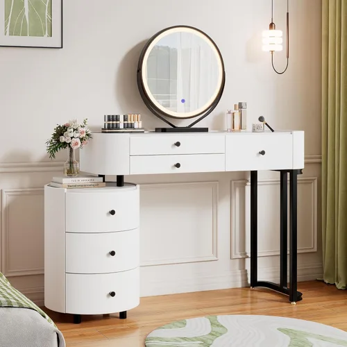 Miniatura 9 de KDCAS Escritorio redondo de maquillaje con espejo y luces, escritorio moderno de piel sintética con gabinete lateral reversible, mesa de tocador