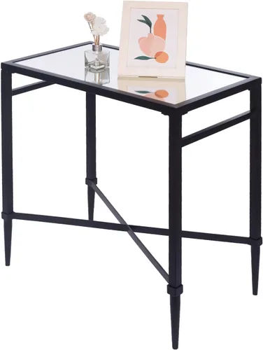 Miniatura 10 de Mesa auxiliar rectangular de 2 niveles, mesa auxiliar dorada con parte superior de cristal, mesa de centro moderna de metal transparente, mesa Dorado