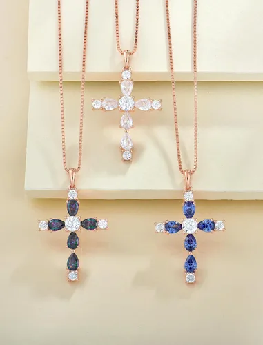 Miniatura 32 de YL Collar de cruz de plata de ley 925 con colgante de piedra natal religiosa para mujer