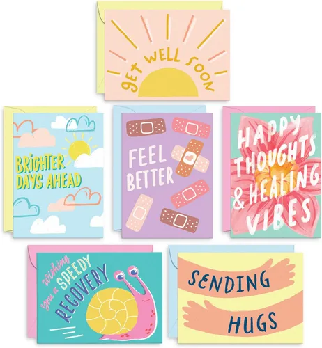 S&O Fun Tarjetas de Mejórate Pronto con Sobres, Juego Colorido de 24 Tarjetas - Lindos Regalos para Hombres y Mujeres - Hojas de Mejórate Pronto con