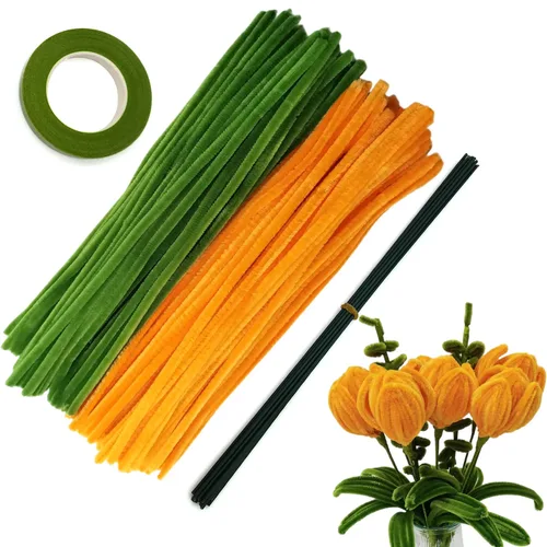 Juego de 200 limpiapipas naranja verde oliva con alambres florales y cinta de jardinería, tallos de felpilla para hacer ramos de tulipanes, caqui