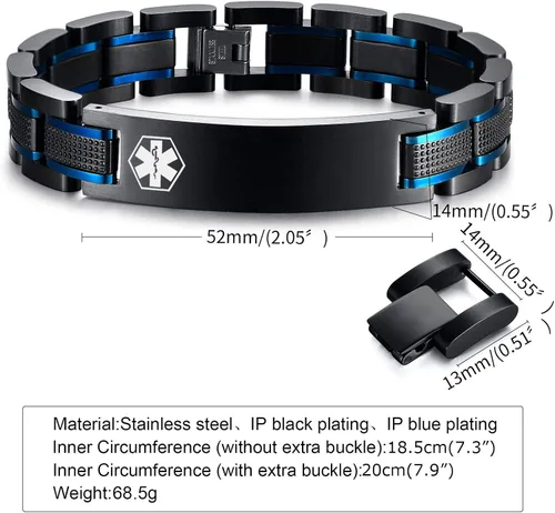Miniatura 4 de Free Custom Engraving Medical ID Bracelet 2-tone Blue Black Titanium Steel Heavy Masculine Elaborate Men's Medical Alert Bracelet Wristband Jewelry