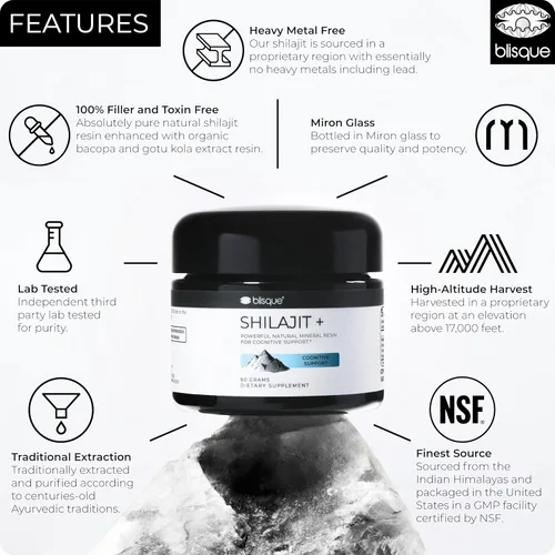 Miniatura 3 de Blisque - Suplemento de resina Shilajit orgánica pura del Himalaya para apoyo cognitivo con bacopa orgánica y gotu kola Auténtico y natural