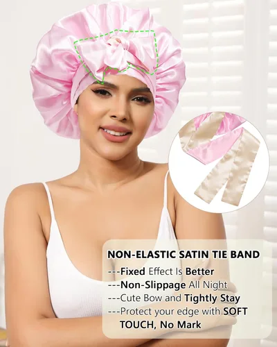 Miniatura 5 de Gorro de satén de seda para dormir, gorros reversibles para cabello rizado, gorro de noche de doble capa con banda de corbata (champán + rosa)