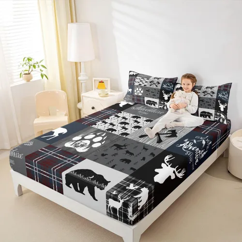 Miniatura 39 de Sábana bajera de retazos rústicos, sábanas de ciervos de oso para niños, adolescentes, adultos, mujeres, juego de ropa de cama rústica de granja