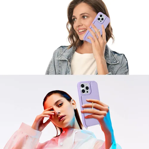 Miniatura 5 de Lipvina Funda para iPhone 14 Pro Max con tarjetero para mujer, funda para teléfono con correa, cordón cruzado, soporte de anillo, cierre a presión
