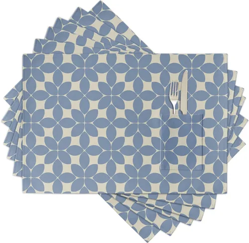 Juego de 6 manteles individuales geométricos azules para mesa de comedor, manteles individuales de lino de algodón con bolsillo, tapete de arpillera