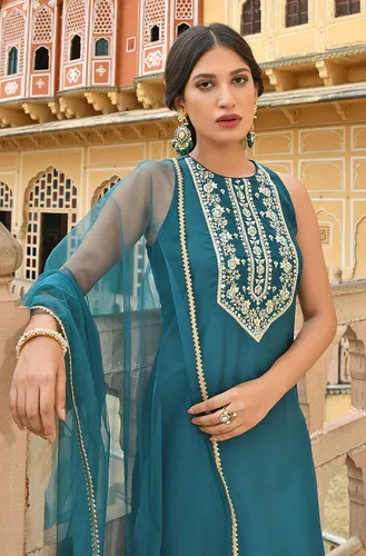Miniatura 7 de Janasya Indian - Kurta bordada de seda de poliéster verde azulado para mujer con Sharara y Dupatta