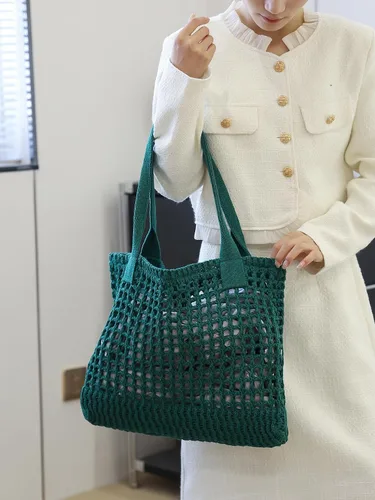 Miniatura 47 de ENBEI Bolsa de playa para mujer, diseño hueco de punto de ganchillo, elegante para la playa, viajes y uso diario