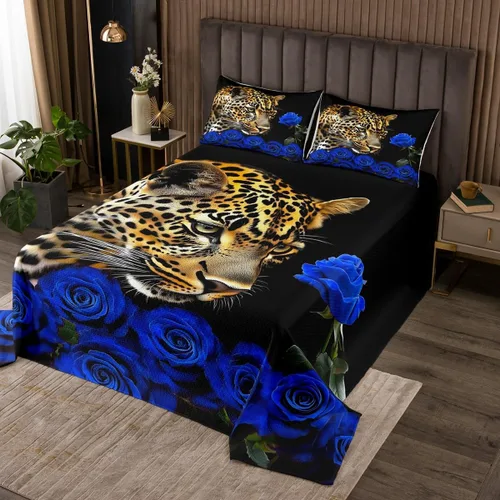Miniatura 14 de Erosebridal Juego de edredón de león, color turquesa, verde azulado, rosa para mujeres y hombres, juego de colcha de flores de animales salvajes