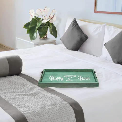 Miniatura 4 de Elegant Designs HG2000-AHH Margarita Drinks Lime Bar Kitchen Wetbar Bandeja Decorativa de Madera para Servir con Asas, 15.50" x 12", Aqua Wash Happy