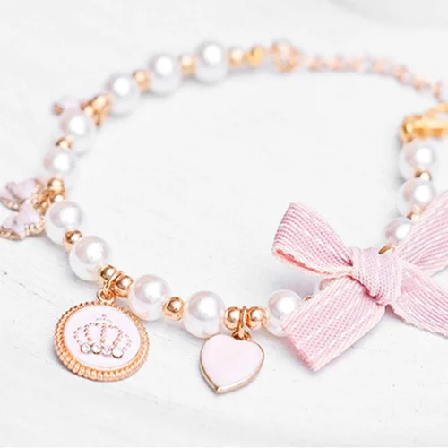 Collar de moda para mascotas, collar de corona de perlas de gato, accesorios para mascotas, collar de peluche, collar de joyería de perlas XS Rosa