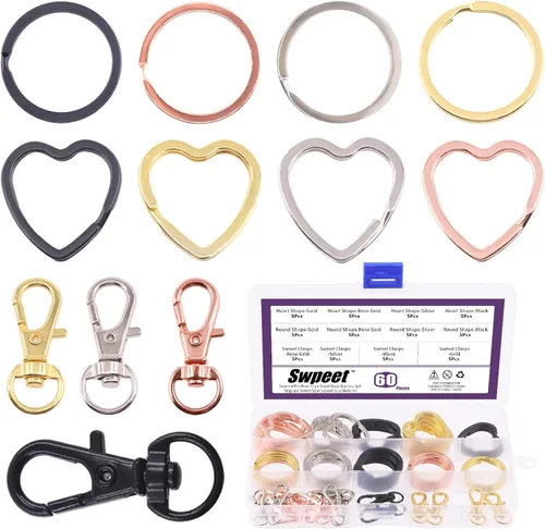 Swpeet Juego de 60 llaveros redondos y en forma de corazón de 4 colores, anillos tóricos con cierre de pinza de langosta giratoria, llavero plano,