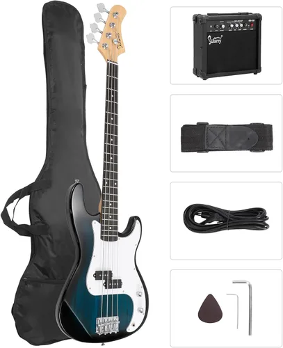 Miniatura 9 de GLARRY Kit para principiantes de bajo eléctrico de tamaño completo, 4 cuerdas, exquisito bajo de tilo con amplificador de 20 W, cable, correa, bolsa