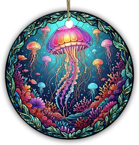 Velyra Adorno de Navidad 2025 – Adorno de cerámica estilo vitral de medusas, decoración bajo el mar para árbol, regalo de arte de vida marina para