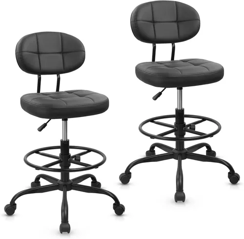 Miniatura 22 de KLASIKA Taburete alto con ruedas de dibujo con soporte de respaldo bajo y anillos ajustables para reposapiés, juego de 2 sillas de escritorio negro