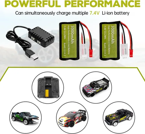 Miniatura 4 de Batería de iones de litio de 7.4 V 3000 mAh 15C 2S con enchufe JST-2P con cargador 2 en 1 para UDIRC UD1601 UD1602 SG1603 RC Car 1/10, 1/12, 1/16