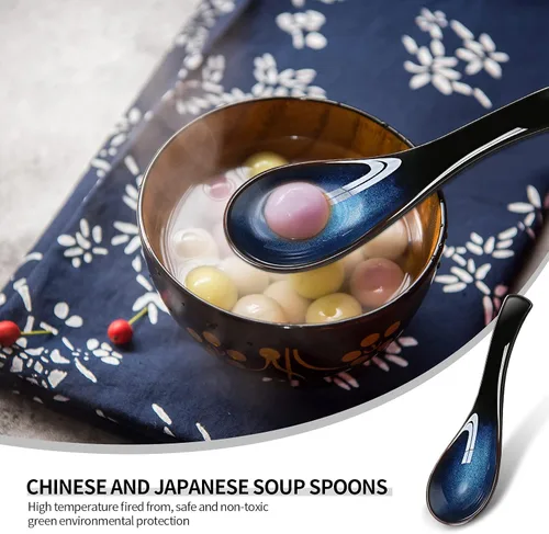 Miniatura 4 de Geiserailie Juego de 4 cucharas de sopa asiáticas de cerámica con mango largo, cucharas chinas retro azules, cucharas japonesas para ramen