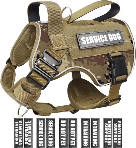 WINSEE - Arnés táctico para perros grandes, chaleco MOLLE de servicio pesado con 10 parches para mascotas, chaleco militar de trabajo sin tirones