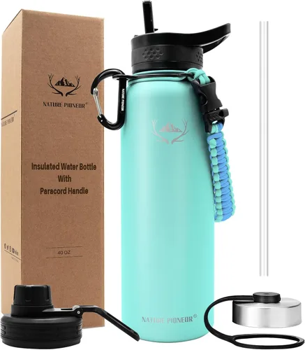 Miniatura 11 de NATURE PIONEOR Botellas de agua aisladas con mango de paracord - Botella de agua deportiva al vacío de boca ancha de 32 onzas con 3 tapas, acero