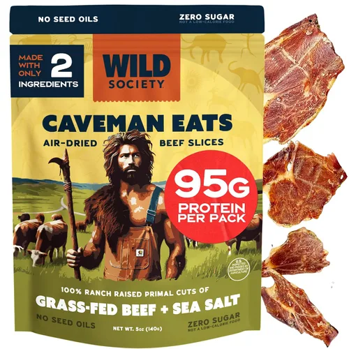 WILD SOCIETY - Caveman Eats - Lonjas de Ribeye Alimentadas con Pasto - 95g de Proteína - Solo Ternera y Sal - 2 Ingredientes - Carne Seca de Res