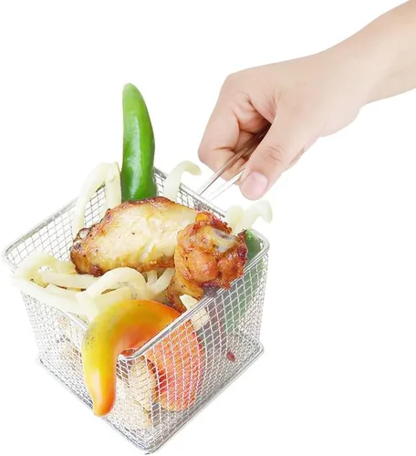 Miniatura 4 de Cesta para freidora, mini cestas de papas fritas, red de acero inoxidable sólido, colador cuadrado, herramienta con mango antideslizante
