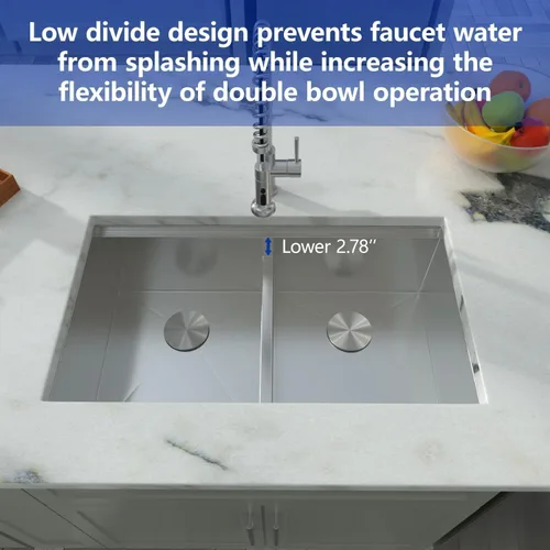 Miniatura 5 de Dcolora DC-U-1111 - Fregadero de cocina de 33 pulgadas con doble tazón, estación de trabajo de acero inoxidable 50/50 dividida baja dividida calibre