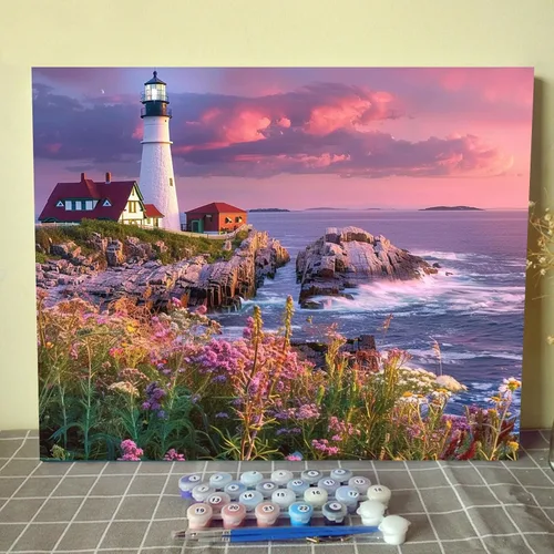Miniatura 7 de Pintura de faro de fantasía, pintura dramática por números, 16 x 20 pulgadas, lienzo para bricolaje, pintura al óleo del océano tropical