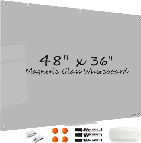 Miniatura 14 de Pizarra blanca de borrado en seco magnética negra de vidrio, TANKEE moderna pizarra blanca de vidrio templado sin marco grande para pared, oficina