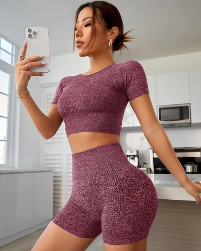 Miniatura 6 de Conjunto deportivo de 3 piezas para mujer, sin costuras, de manga corta, brasier deportivo, cintura alta, pantalones cortos de yoga