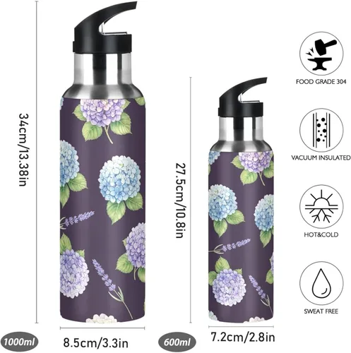 Miniatura 2 de Hydrangea Lavender Purple Blue Stainless Steel Water Bottle 32 Oz, BPA-Free Sport Water Bottle Leakproof Water Bottles