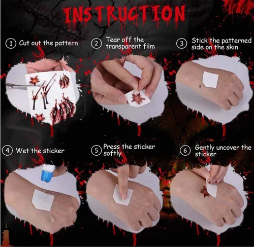 Miniatura 7 de Tatuajes de Halloween, 30 hojas de tatuaje temporal, tatuajes realistas de Halloween, cicatrices de zombies, tatuajes falsos sangrantes para heridas