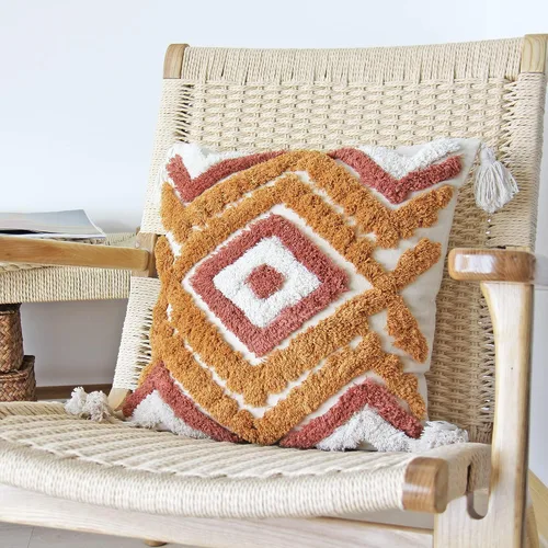 JOJUSIS Fundas de almohada bohemias con borlas hechas a mano, decorativas, tejidas, copetudas, color naranja quemado, para sofá o dormitorio, 18 x