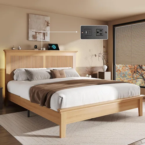 Miniatura 11 de Lifezone Cama Queen de madera, cama de madera maciza con cabecera alta, diseño vintage americano, cama Queen con estación de carga y LED RGB, Nogal