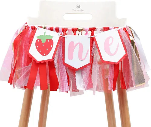 Decoraciones de fiesta de fresa para primer cumpleaños, cartel de fresa para silla de bebé para accesorios de cabina de fotos y telón de fondo,