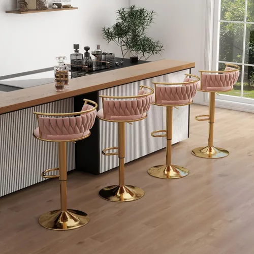 Miniatura 21 de Juego de 2 taburetes de bar giratorios de 360°, silla de bar de terciopelo ajustable a altura de mostrador moderna, taburete de metal plateado