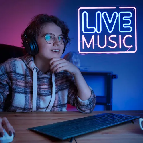 Miniatura 7 de Letrero de neón de música en vivo rosa azul con palabras LED, luces de neón para decoración de pared, luz de neón musical para dormitorio, sala