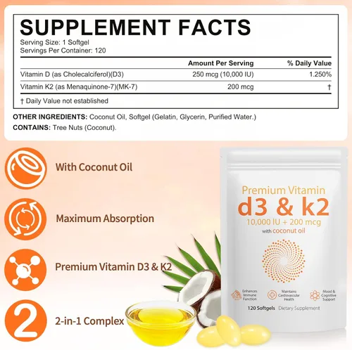 Miniatura 4 de Vitamina D3 K2 de 10000 UI – 240 cápsulas blandas de aceite de coco virgen, suplemento complejo de vitamina D y K 2 en 1, cápsulas blandas de apoyo