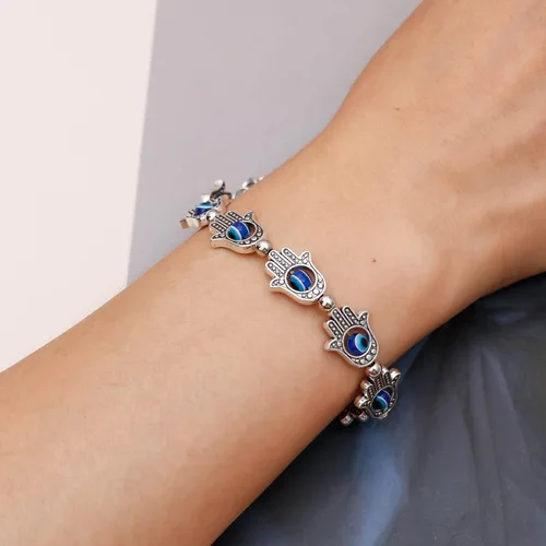 Miniatura 2 de Zeshimb Pulsera Hamsa de ojo turco con cuentas de cristal, pulsera de mano de Fátima elástica lateral con ojo azul Hamsa, pulsera turca de mal