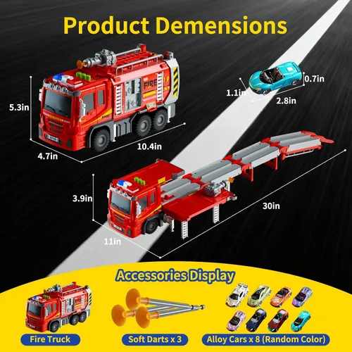 Miniatura 2 de Juego de camiones de bomberos para niños de 3 a 7 años, camión de bomberos con 3 dardos suaves y 8 mini autos de aleación, juguetes plegables de 3