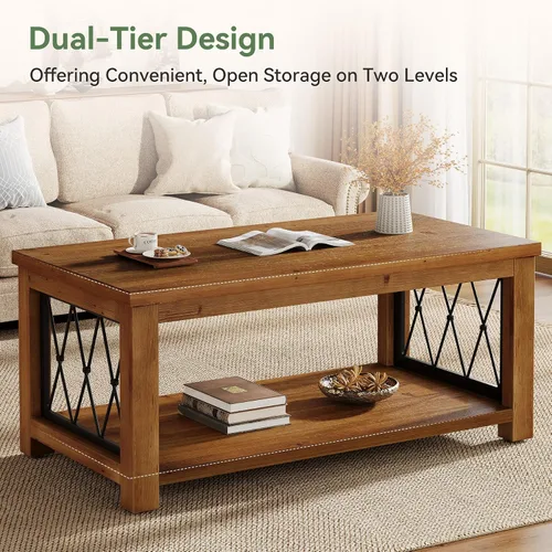 Miniatura 7 de Mesa auxiliar de madera maciza de 47.2 pulgadas, diseño de almacenamiento de 2 niveles, mesa de cóctel central rectangular de granja, marco de metal