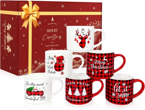 QIKSION Juego de 6 Tazas de Café Navideñas de 16 oz, Grandes Tazas de Chocolate Caliente, Juego de Tazas de Cerámica de Cocoa para Vacaciones Regalo