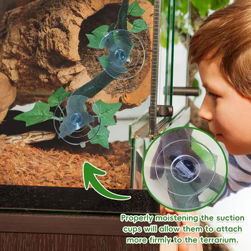 Miniatura 4 de PINVNBY 2 piezas de decoración de plantas de terrario de rama de esquina de reptiles con ventosa de resina para anfibios, lagartos y serpientes