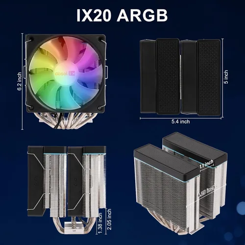 Miniatura 6 de Ventilador de refrigeración por aire IX20 ARGB Twin Tower CPU Cooler 6 tubos de calor de cobre, 5.00 x 5.4 x 6.2 pulgadas, AMD AM4/AM5 e Intel LGA