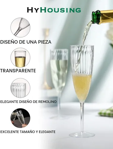 Miniatura 2 de HyHousing Paquete de 16 copas de champán de plástico, copas de champán desechables transparentes de 6 onzas con tallo largo, elegantes flautas